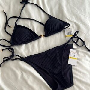 Michael Kors Black Ribbed Tie-Side Bikini Set